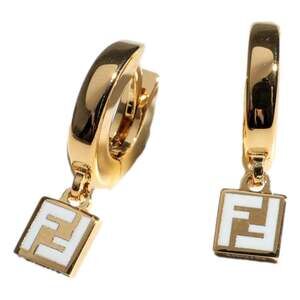 Fendi FF Gold Tone Metal White Enamel Small Hoop
